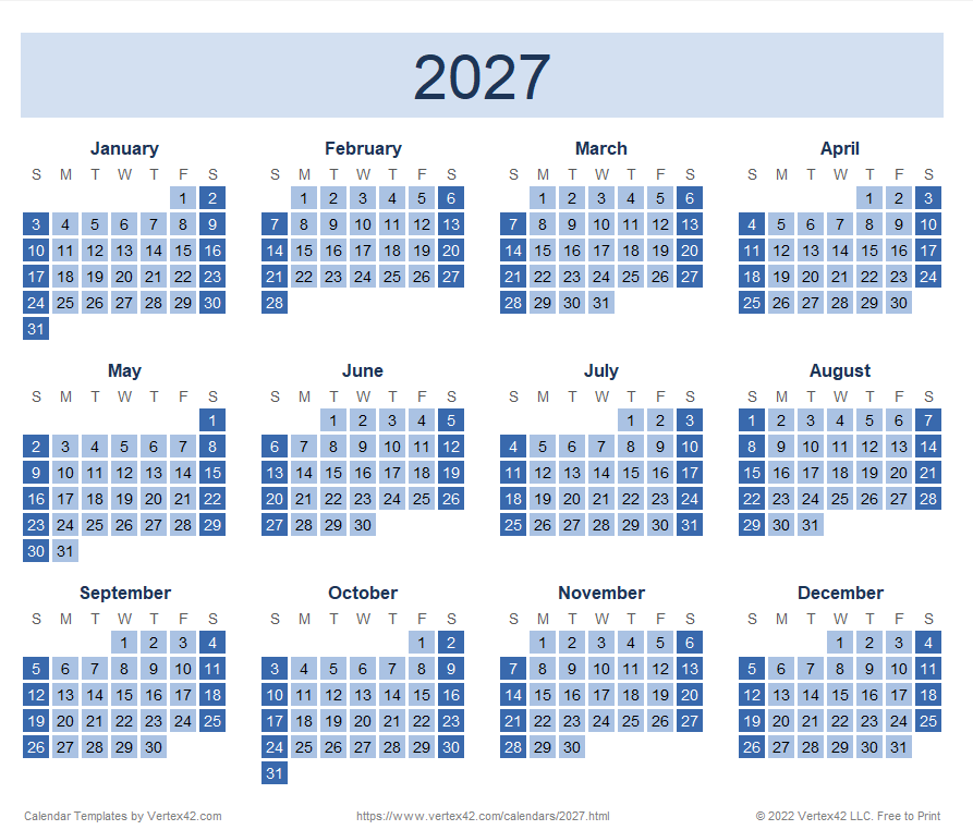 2027 Yearly Calendar - Reverse Design