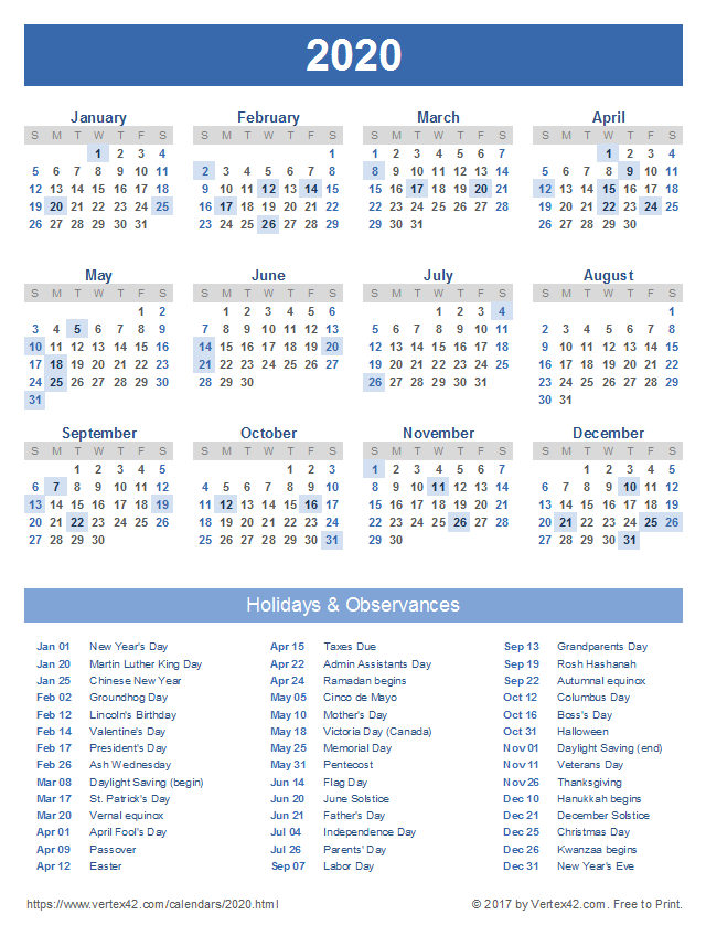2020 Calendar Excel With Holidays