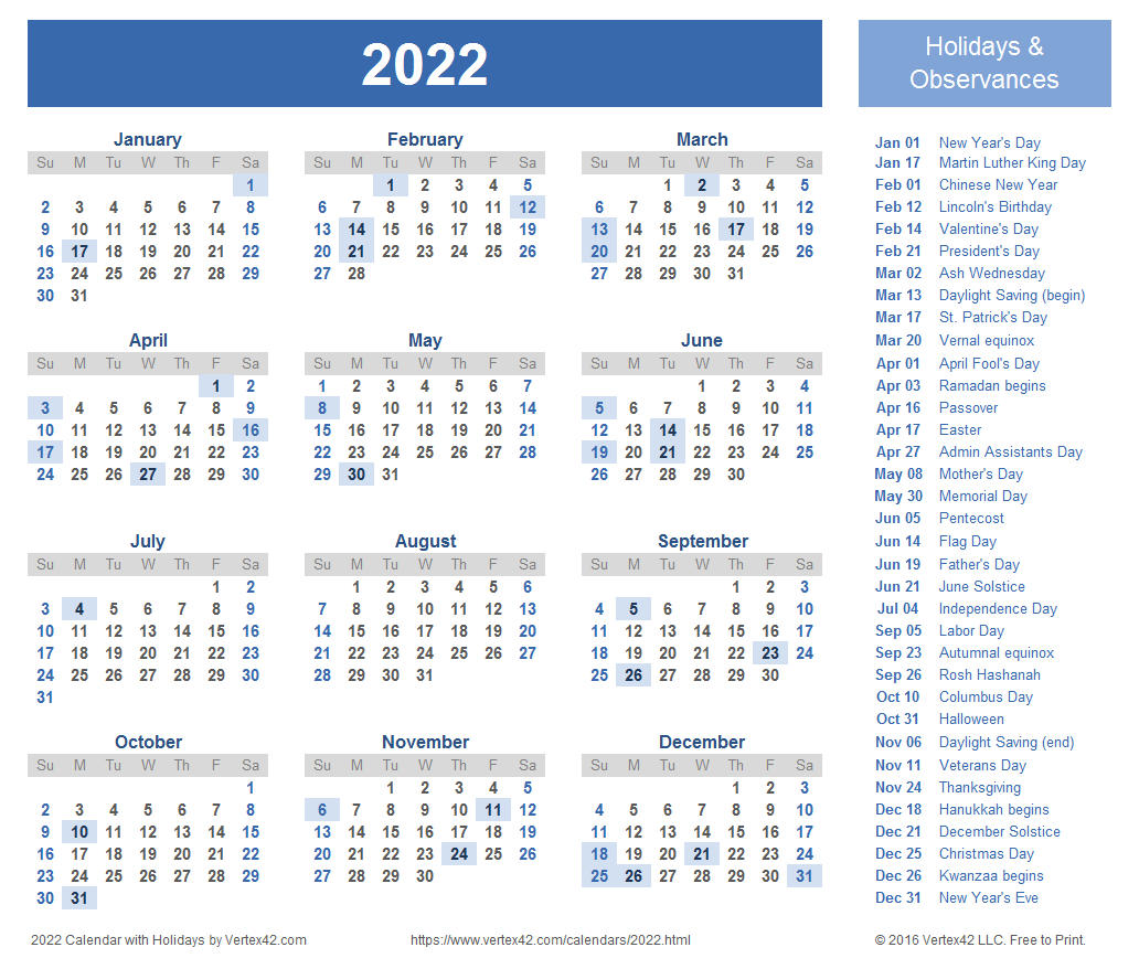 2022 Calendar Templates and Images
