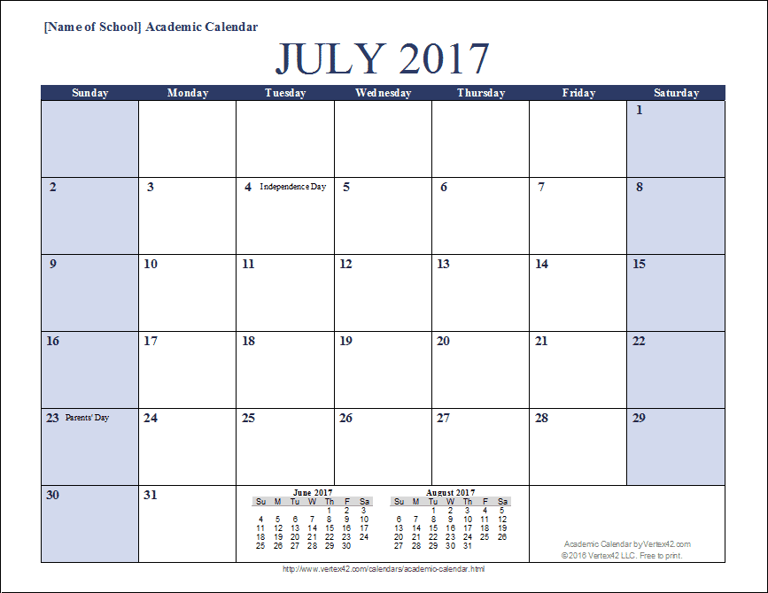 Academic Calendar Templates for 2016 2017