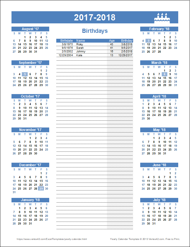 Birthday Calendar with Ages