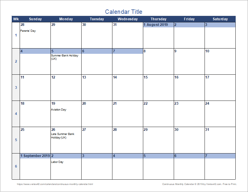 Continuous Calendar 2024 Printable 2024 CALENDAR PRINTABLE