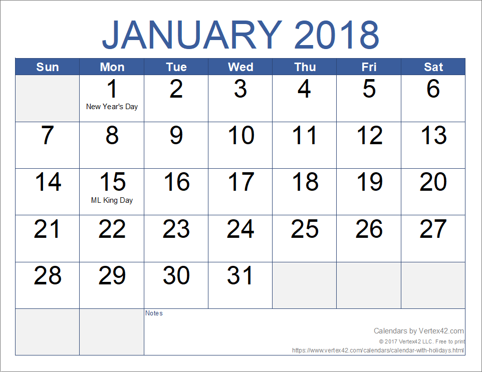 Monthly Calendar with Holidays for Excel