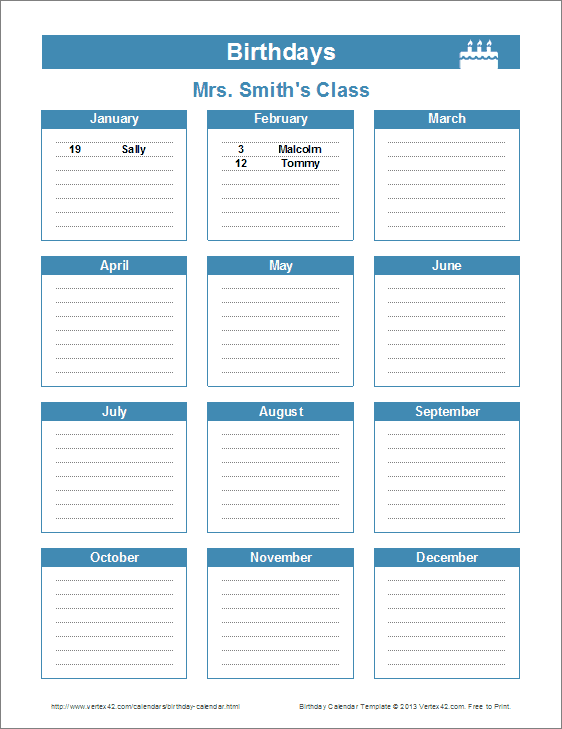 blank birthday calendar