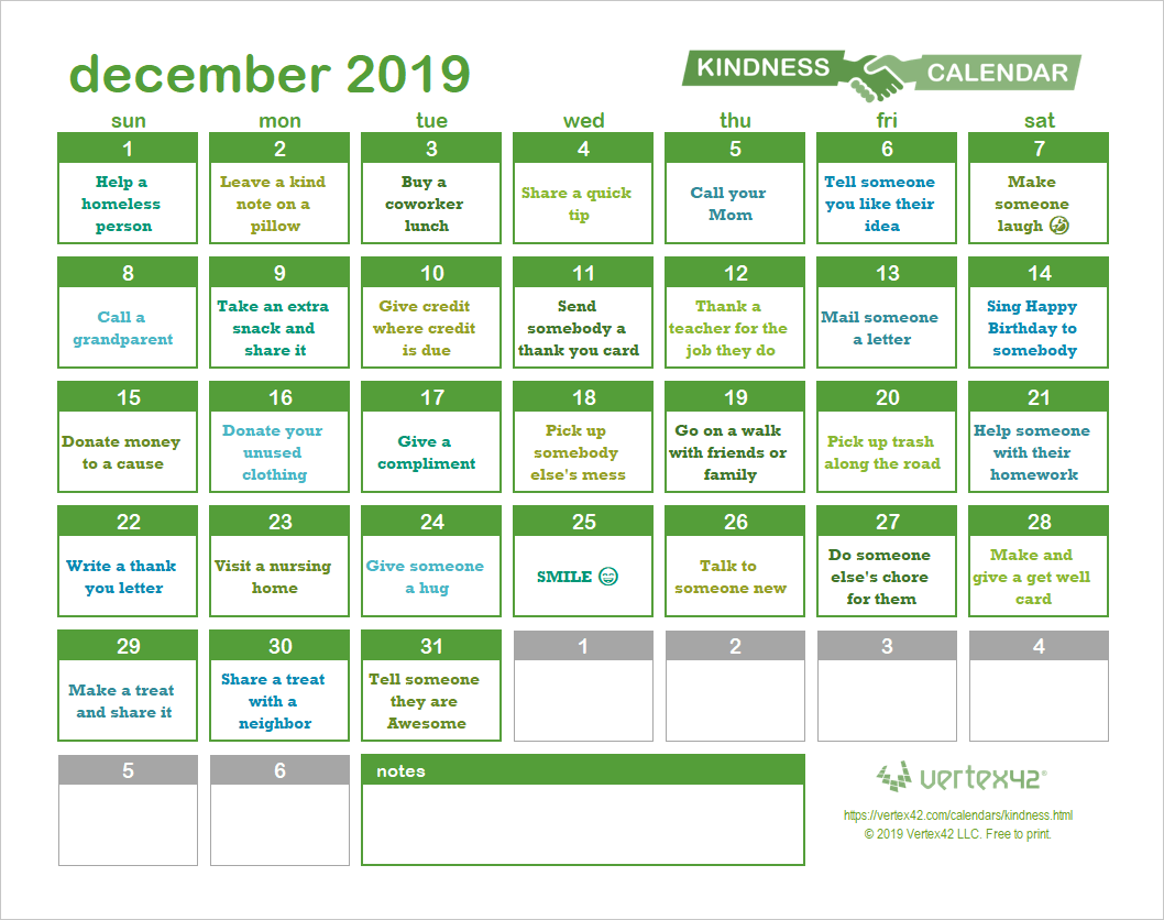 Kindness Calendar January 2025 Free Download