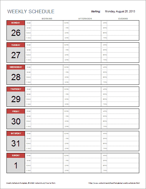 weekly schedule template monday friday