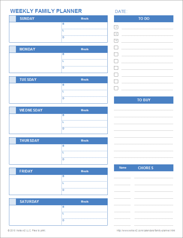 printable family planner templates for excel