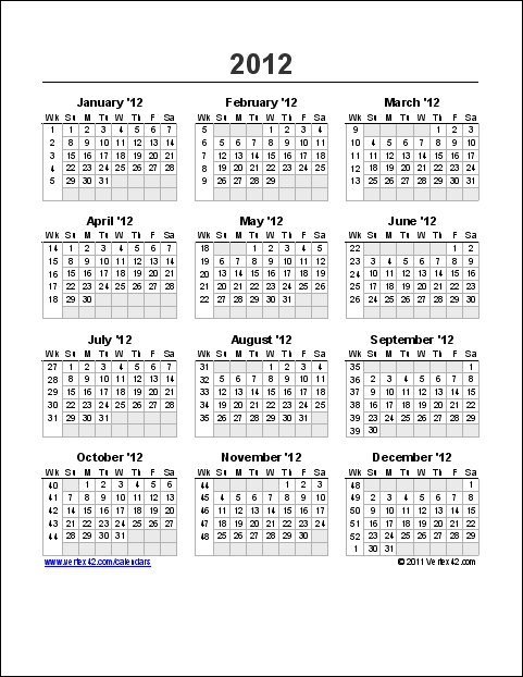 Yearly Calendar with Week Numbers