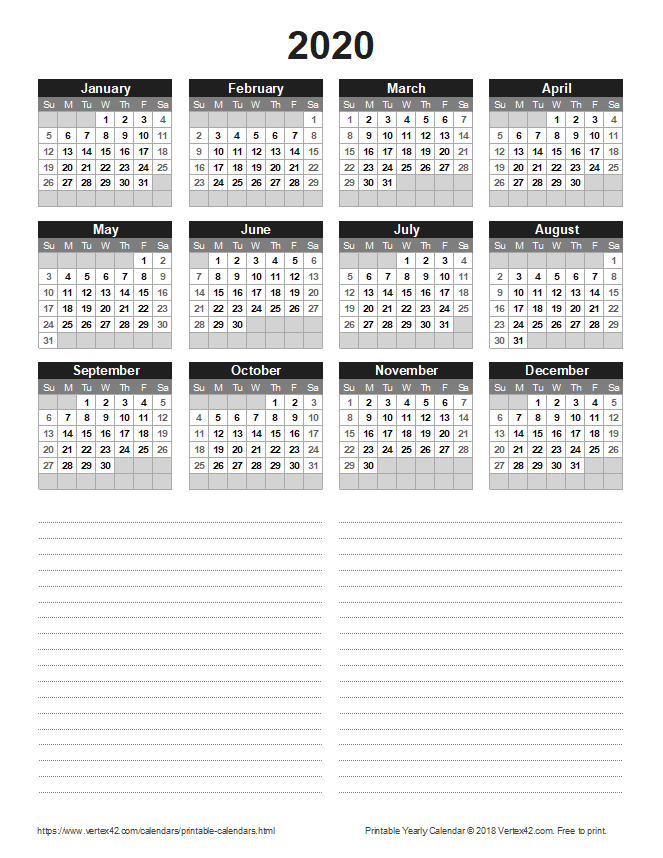 2020 Yearly Calendar with Notes