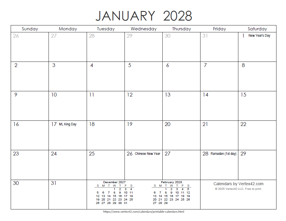 Printable Ink Saver 2028 Calendar