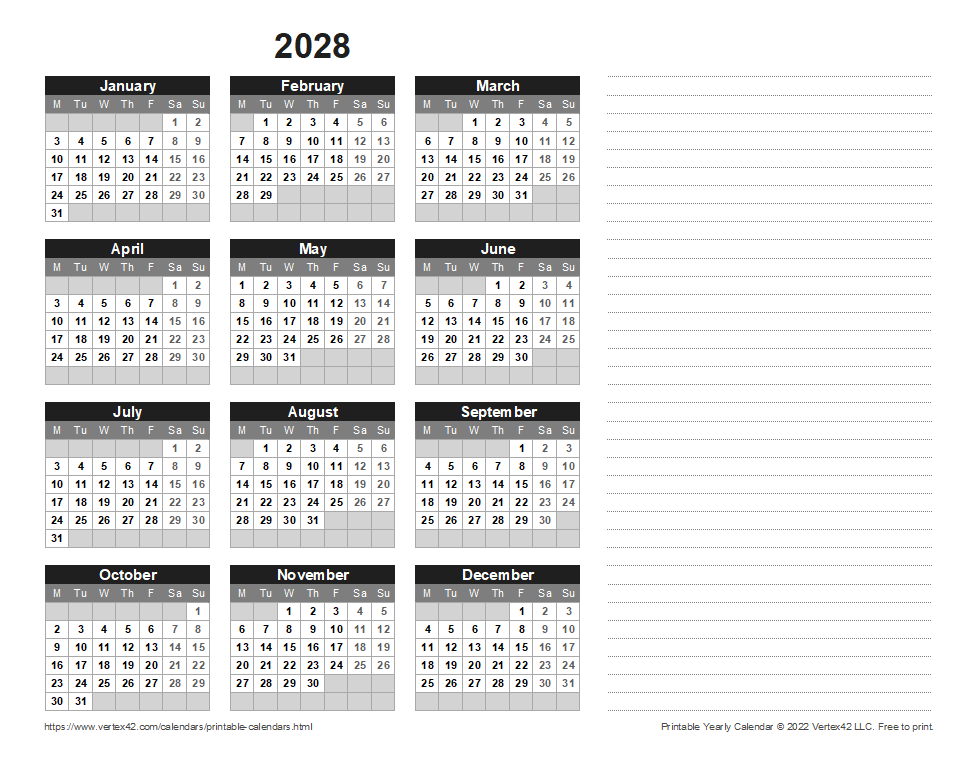 2028 Yearly Calendar with Notes