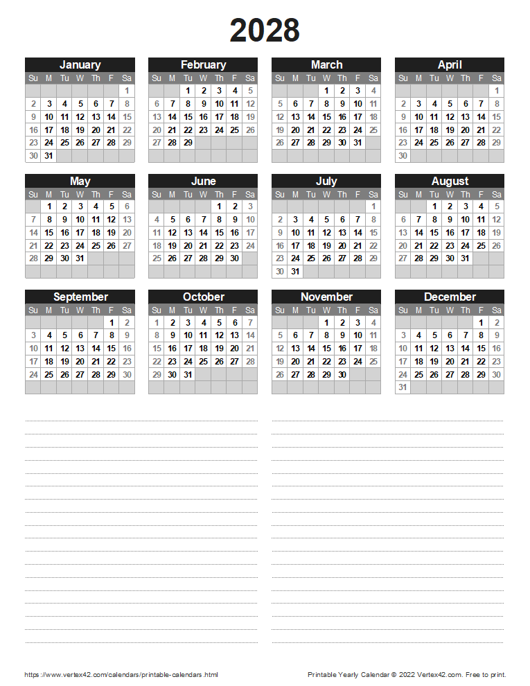 2028 Yearly Calendar with Notes