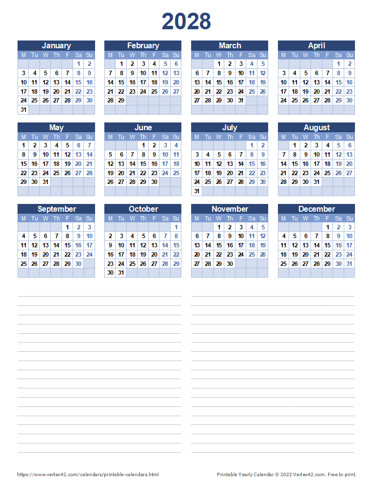 2028 Yearly Calendar with Notes