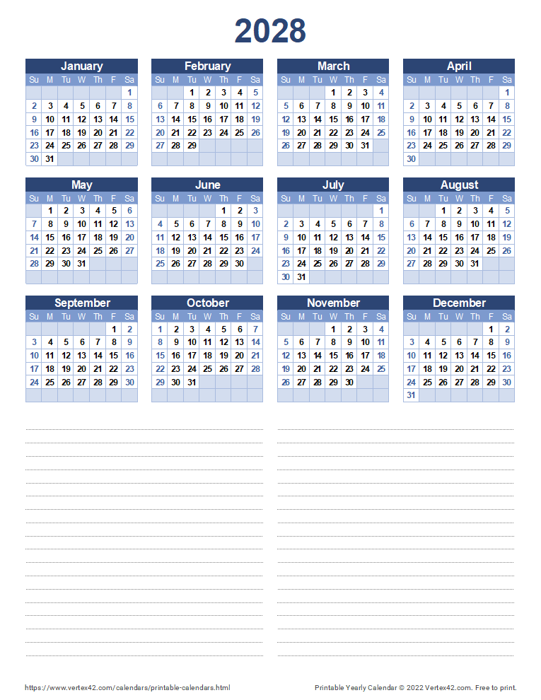 2028 Yearly Calendar with Notes