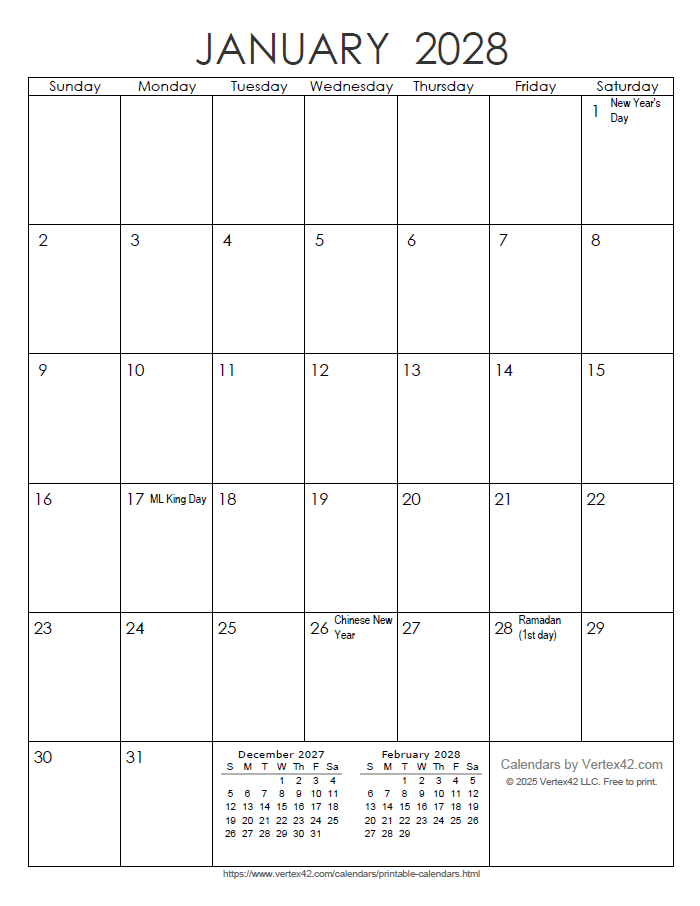 Printable Monthly 2028 Calendar
