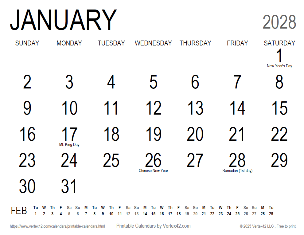 2028 Large Print Calendar