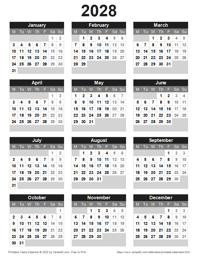 Printable 2028 Yearly Calendar