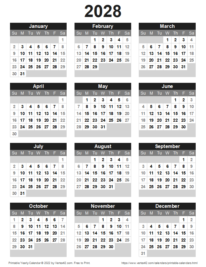 Printable 2028 Yearly Calendar