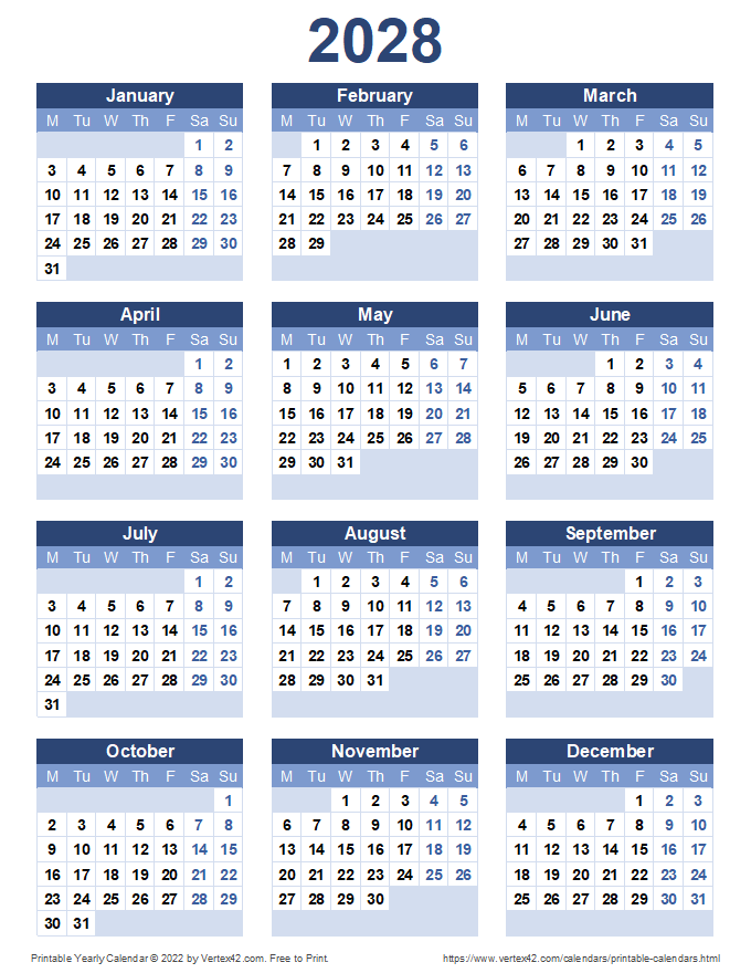 Printable 2028 Yearly Calendar