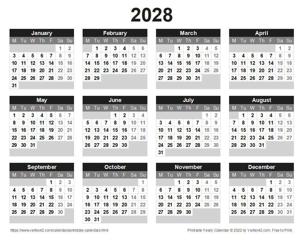 Printable 2028 Yearly Calendar