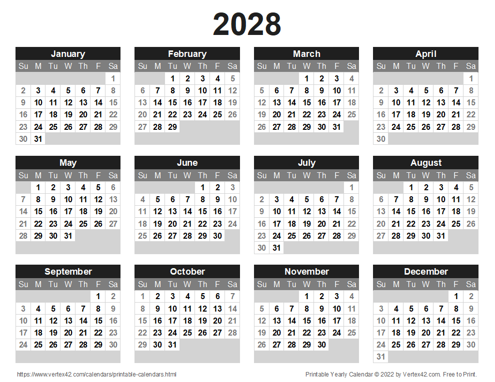 Printable 2028 Yearly Calendar