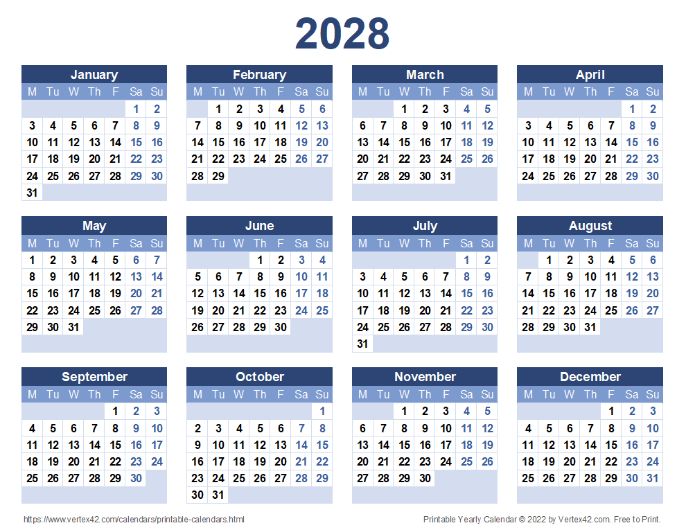 Printable 2028 Yearly Calendar