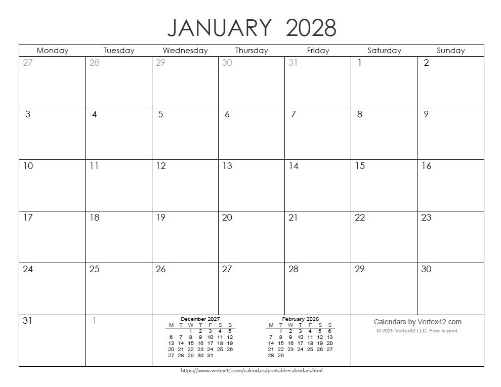 Printable Ink Saver 2028 Calendar