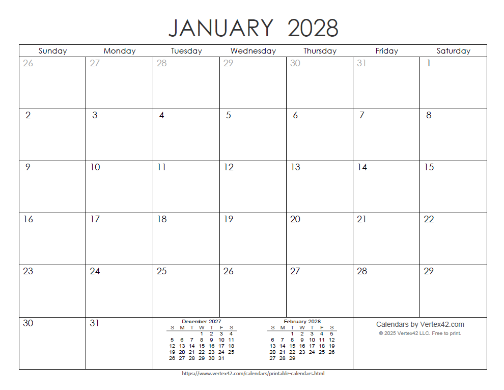 Printable Ink Saver 2028 Calendar