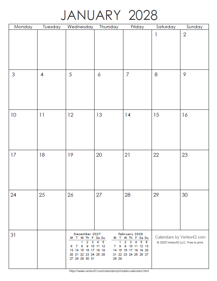 Printable Monthly 2028 Calendar
