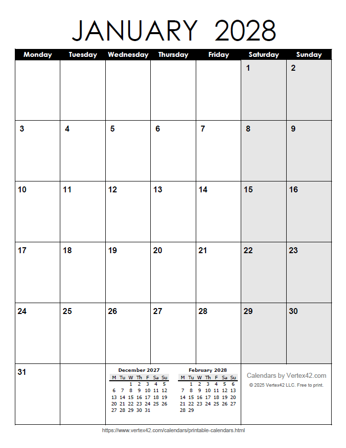 Printable Monthly 2028 Calendar