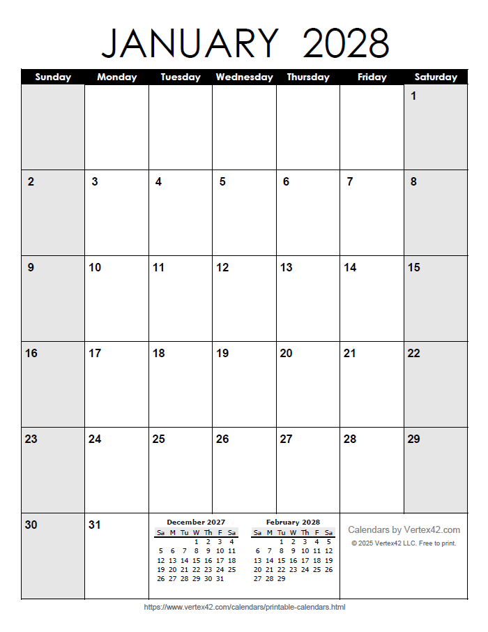 Printable Monthly 2028 Calendar