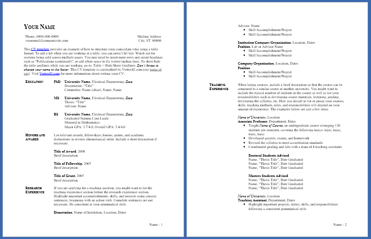 cv in tabular form template