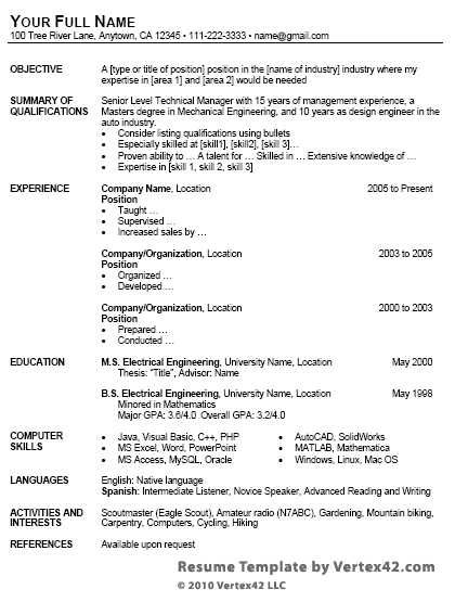 resume template on microsoft word 2010